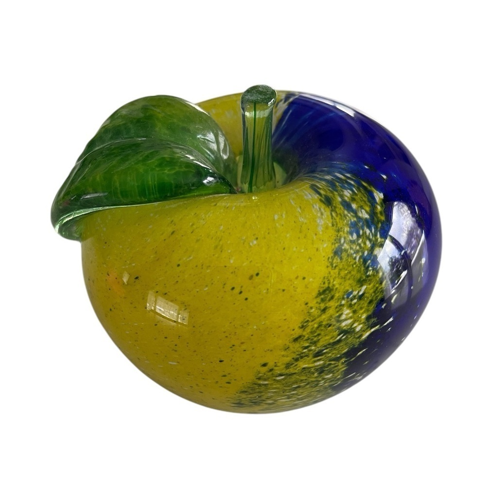 Skandinavian Crystal Apple Sculpture paperweight in Yellow and Blue